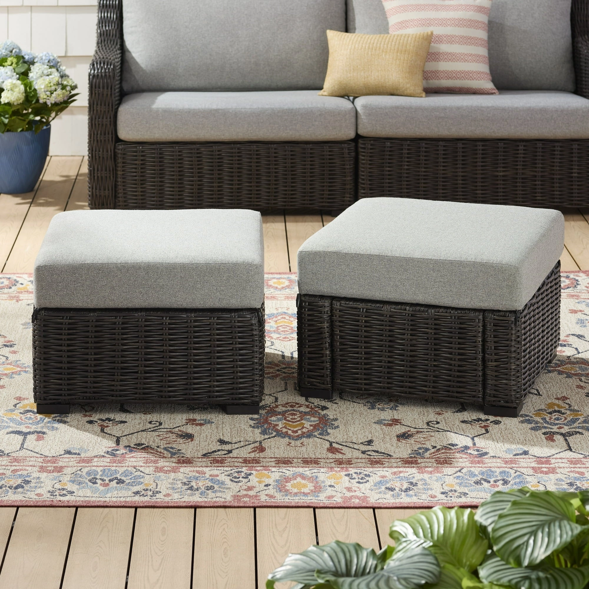 Better Homes & Gardens BH5608811816030 Bellamy Outdoor Wicker Ottomans, Dark Brown, 2 Pack