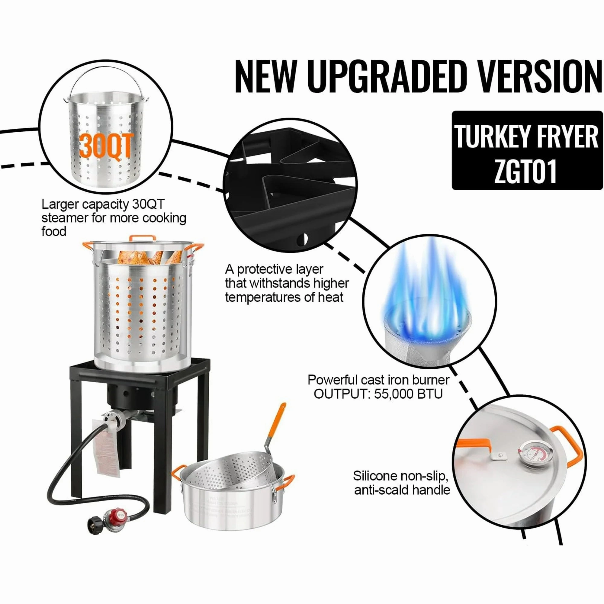 Lafati DKOF01A01 30 & 10 Quart Aluminum Propane Outdoor Turkey Fryer, 55,000 BTU Silver