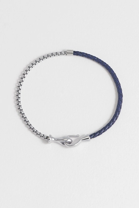 Men's Navy Blue Leather and Chain Hook Bracelet